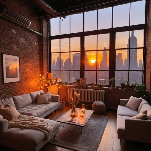 Prompt: very Cozy loft space in new york at sunset
