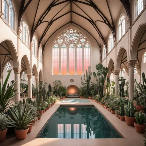 Prompt: interior of a large cathedral converted into a yoga studio, with a pool and  filled with many leafy plants, some cacti, more hanging plants at sunset 