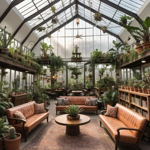 Prompt: interior of avery large cathedral converted into a greenhouse, library, coffee shop, with comfy seating filled with many leafy plants, some cacti, large hanging plants at sunset, large windows, vines and a large skylight and a water fountain in the middle  and hammocks at different areas