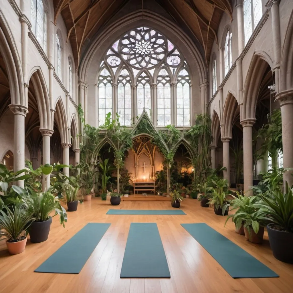 Prompt: interior of a cathedral converted into a yoga studio filled with very very many plants