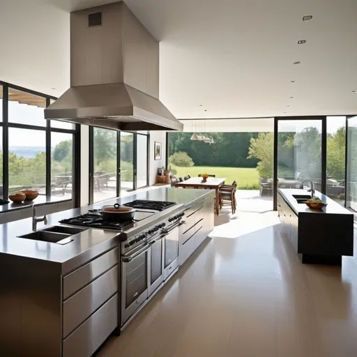 Prompt: modern contemporary kitchen with stainless steel counter tops and large stove, large widows that walk out to a terrace 



