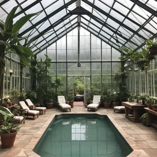 Prompt: indoor pool in giant greenhouse with hundreds of plants, hammocks, jacuzzi, Sauna, cold plunge, shower, steamroom
