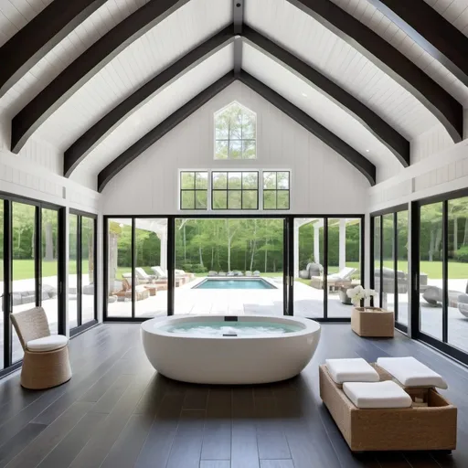 Prompt: Hamptons architectural style barn with full modern spa built inside

