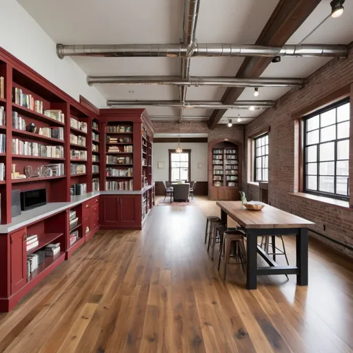 Prompt: interior top floor of firehouse converted to living room kitchen space with a library, tv space, dining room, wide plank wooden floors, stainless steel countertops in kitchen 


