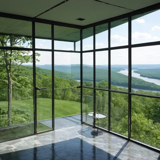 Prompt: glass house overlooking the hudson valley new york
