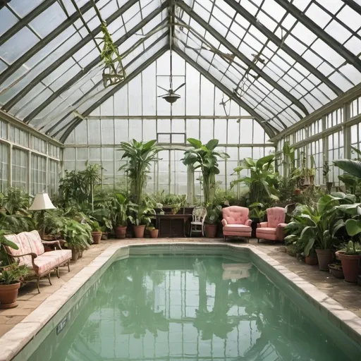 Prompt: indoor pool in large large greenhouse with hundreds of plants, 50s style furniture 

