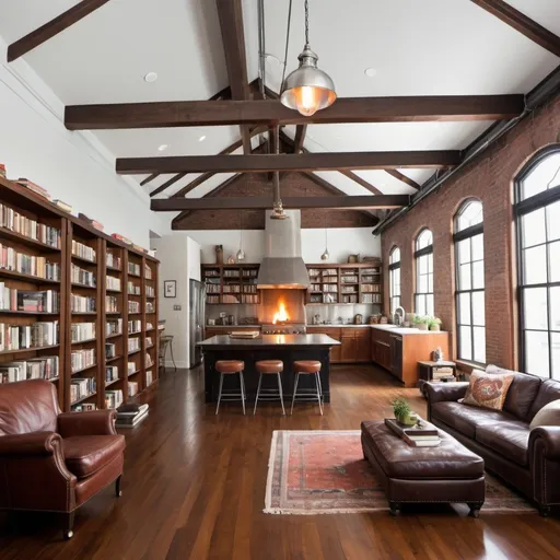 Prompt: interior top floor of firehouse converted to living room kitchen space with a library floor to ceiling shelves, tv space, dining room, wide plank wooden floors, stainless steel countertops in kitchen, big comfy couches and leather vintage chair, metal lamp, floating fire place, very cozy feeling large space 


