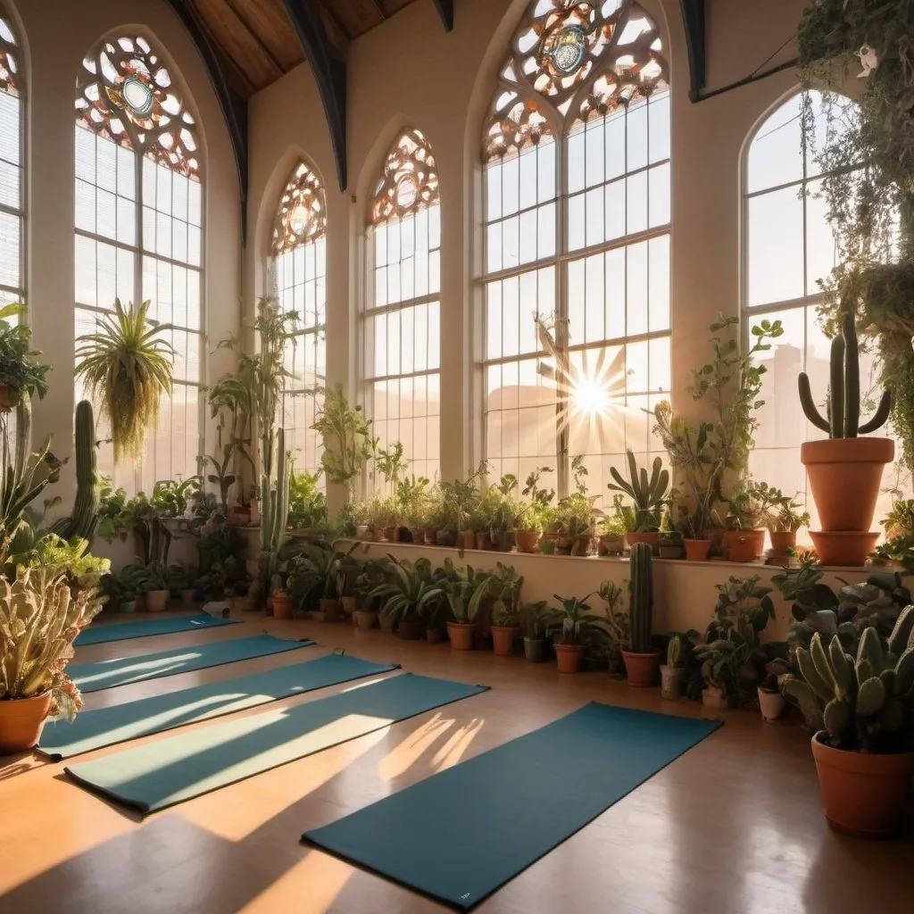Prompt: interior of a cathedral converted into a yoga studio filled with many plants, cacti, more hanging plants at sunset with sun beams through the large windows