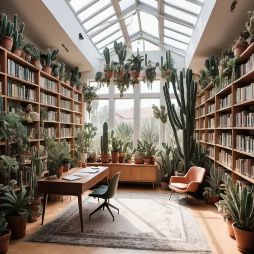 Prompt: the most beautiful and modern personal library with many different plants and cacti
