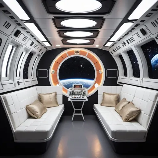 Prompt: space ship interior for solo explorer, can sleep 16

