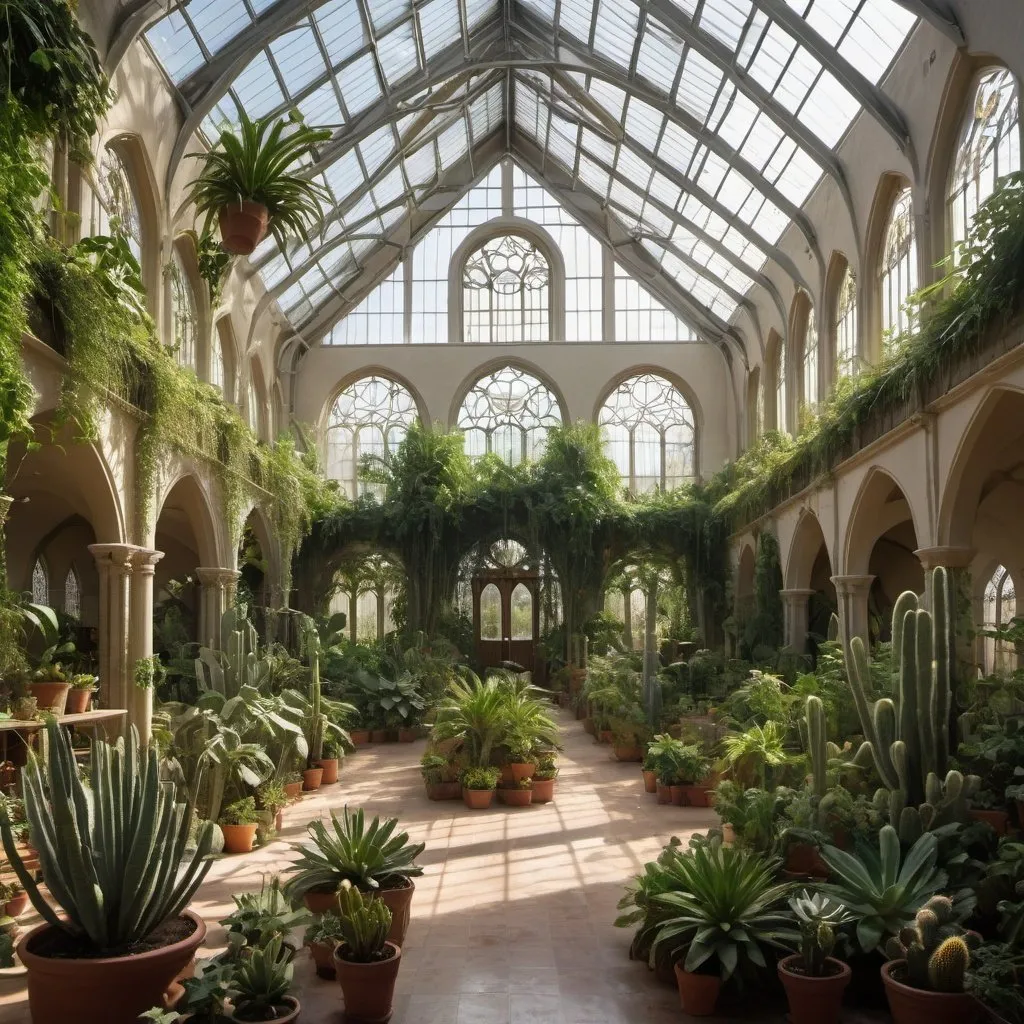 Prompt: interior of a large cathedral converted into a green house,  filled with many leafy plants, some cacti, large hanging plants at sunset, large windows, vines and a large skylight