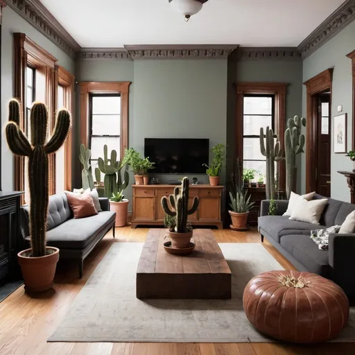 Prompt: Brooklyn Brownstone interior shots, wide plank wooden floors, cacti and many other plants with floor seating in the livingroom a standing tv and fireplace