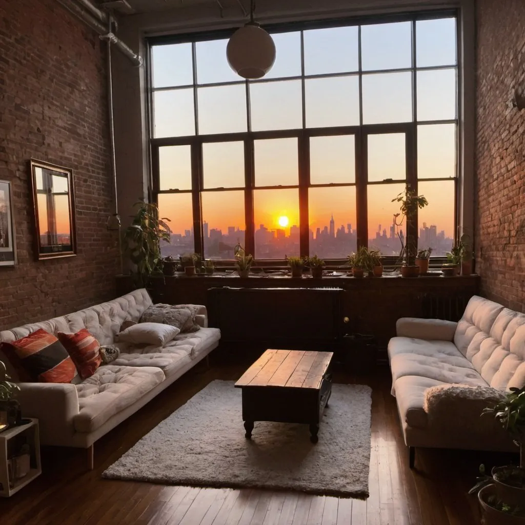 Prompt: very Cozy loft space in brooklyn at sunset