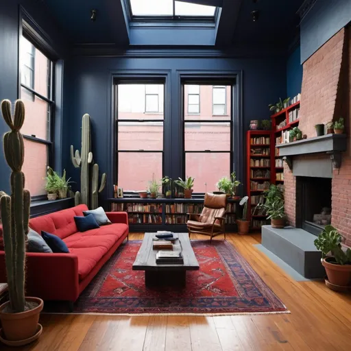 Prompt: Brooklyn loft interior shots, wide plank wooden floors, large windows, cacti and large variety of plants different colors  a standing 'bang and olufsen' tv, 
tv and fireplace, red  morocan rug, walls and ceiling painted midnight blue, with a wall of books and skylights

