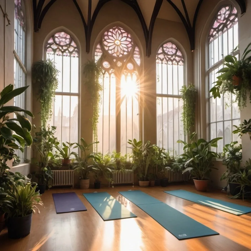 Prompt: interior of a cathedral converted into a yoga studio filled with very very many plants, more hanging plants at sunset with sun beams through the large windows