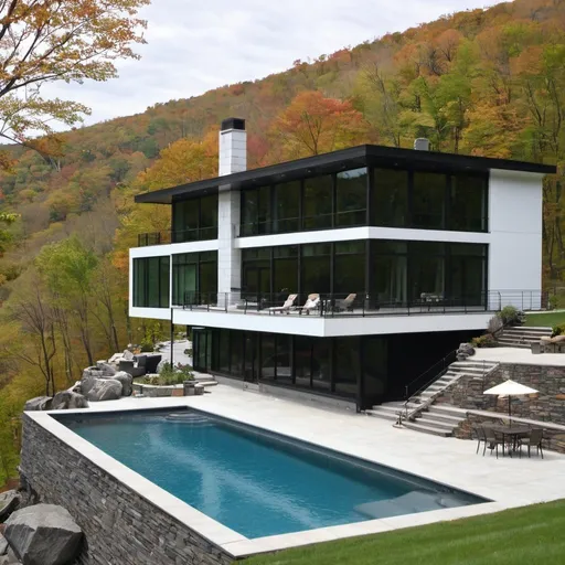 Prompt: modern contemporary 
home overlooking the hudson valley new york, with a pool
