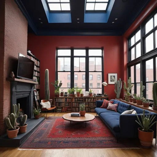 Prompt: Brooklyn loft interior shots, wide plank wooden floors, large windows, cacti and large variety of plants different colors  a standing 'bang and olufsen' tv, 
tv and fireplace, red  morocan rug, walls and ceiling painted midnight blue, with a wall of books and skylights

