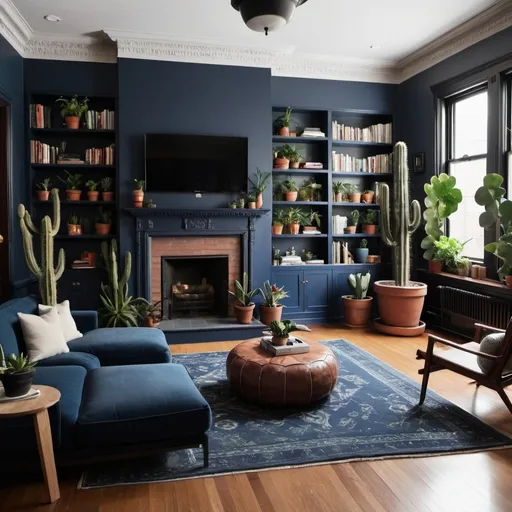 Prompt: Brooklyn Brownstone interior shots, wide plank wooden floors, cacti and many other plants with floor mah jong
 seating in the livingroom a standing bang and olufsen 
tv and fireplace, overlayed morocan rugs, painted midnight blue
