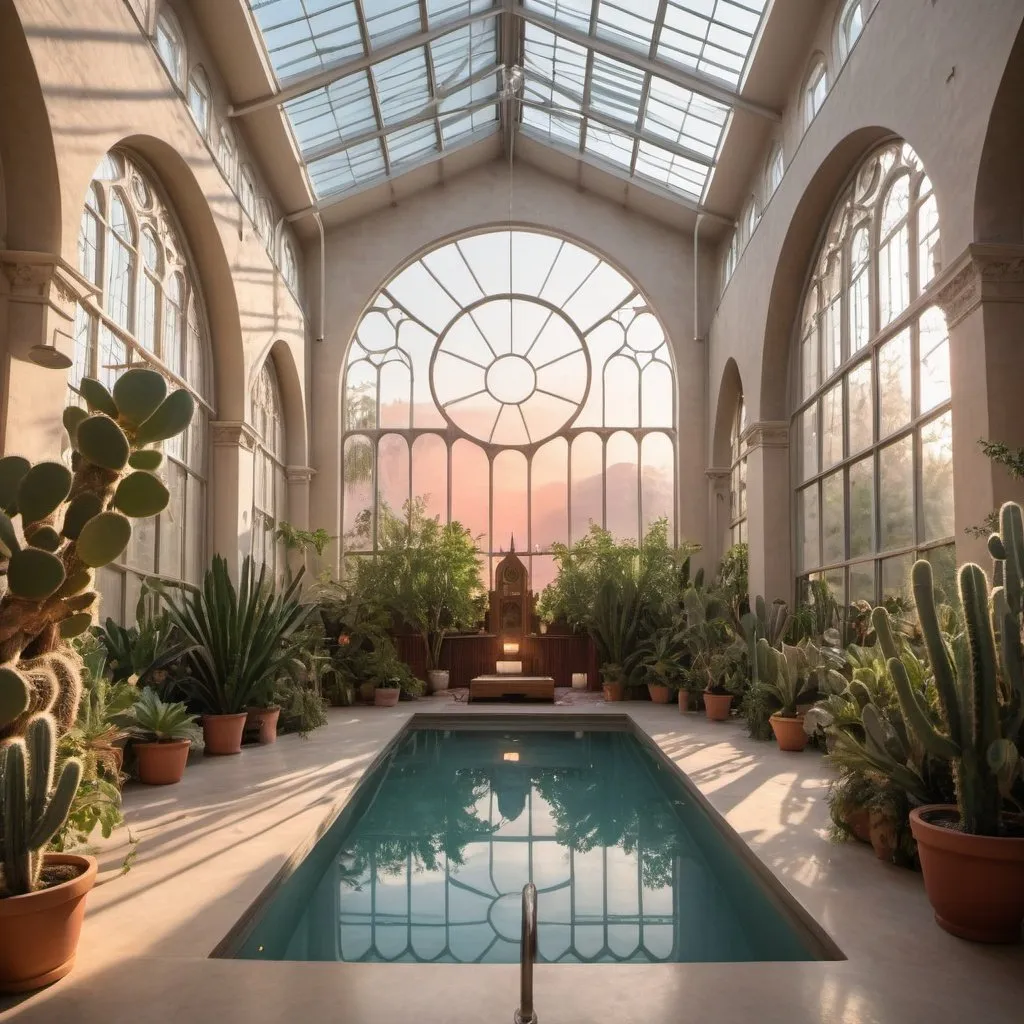 Prompt: interior of a large cathedral converted into a yoga studio, with a pool and  filled with many leafy plants, some cacti, more hanging plants at sunset, large windows, vines and a large skylight