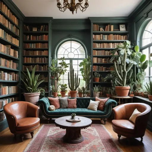 Prompt: the most beautiful and modern personal library with many different plants and cacti and comfortable turn of the century seating


