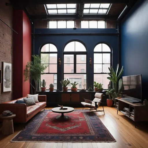 Prompt: Brooklyn loft interior shots, wide plank wooden floors, large windows, cacti and large variety of plants different colors  a standing 'bang and olufsen' tv, 
tv and fireplace, red  morocan rug, walls and ceiling painted midnight blue 
