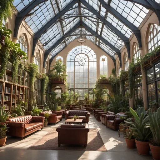 Prompt: interior of a large cathedral converted into a greenhouse, library, coffee shop, with cozy seating filled with many leafy plants, some cacti, large hanging plants at sunset, large windows, vines and a large skylight and a water feature