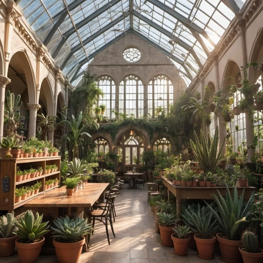 Prompt: interior of a large cathedral converted into a greenhouse,  filled with many leafy plants, some cacti, large hanging plants at sunset, large windows, vines and a large skylight and a charming coffee shop in the middle