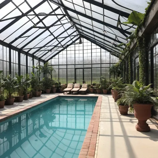 Prompt: modern indoor olympic size pool in giant greenhouse with hundreds of plants, hammocks, jacuzzi, Sauna, cold plunge, shower, steamroom
