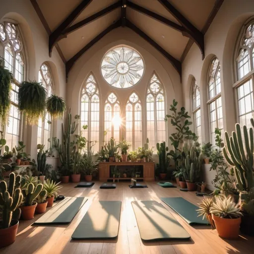Prompt: interior of a cathedral converted into a yoga studio filled with many plants, cacti, more hanging plants at sunset with sun beams through the windows