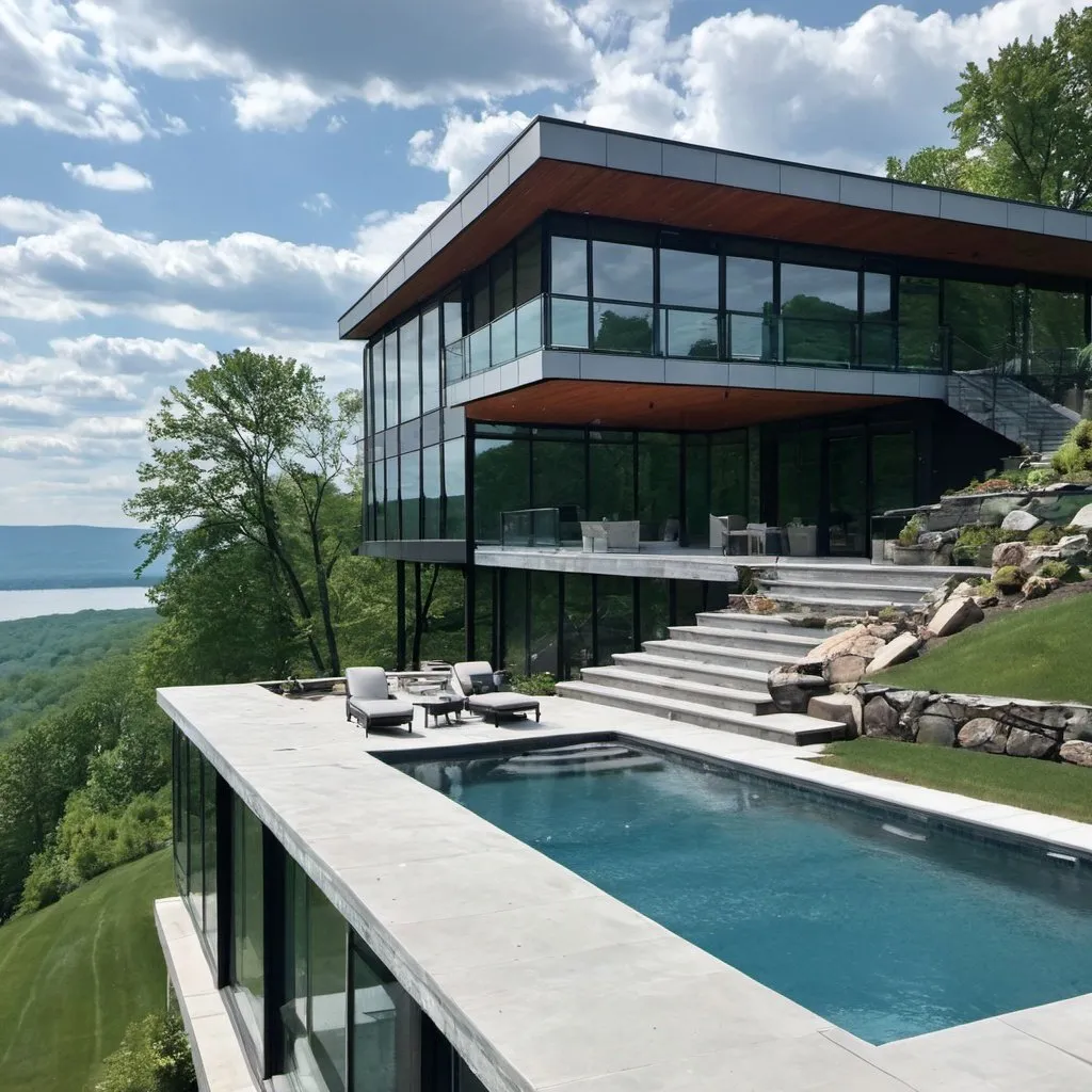 Prompt: modern contemporary 
home overlooking the hudson valley new york, with a pool
