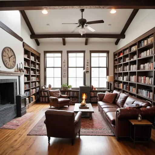 Prompt: interior top floor of firehouse converted to living room kitchen space with a library floor to ceiling shelves, tv space, dining room, wide plank wooden floors, stainless steel countertops in kitchen, big comfy couches and leather vintage chair, metal lamp, floating fire place, very cozy feeling large space, 15 ft ceiling height


