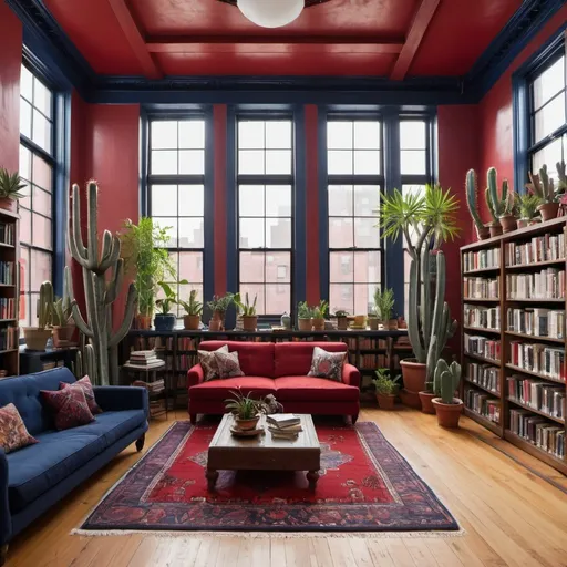Prompt: Brooklyn loft interior shots, wide plank wooden floors, large windows, cacti and large variety of plants different colors, red  morocan rug, walls and ceiling painted midnight blue, with a wall of books and skylights, robot statue


