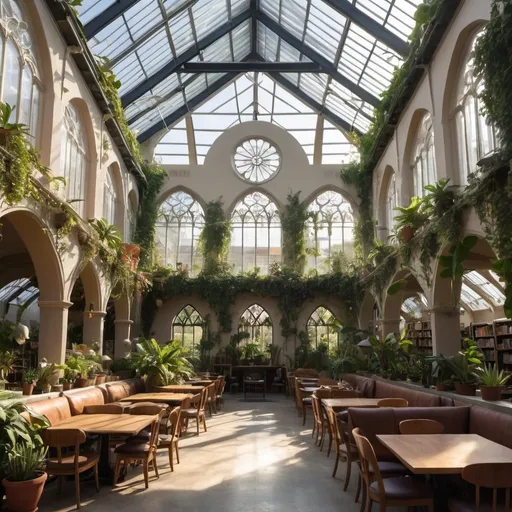 Prompt: interior of a large cathedral converted into a greenhouse, library, coffee shop, with comfy seating filled with many leafy plants, some cacti, large hanging plants at sunset, large windows, vines and a large skylight and a water feature