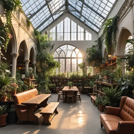 Prompt: interior of a large cathedral converted into a greenhouse, library, coffee shop, with comfy seating filled with many leafy plants, some cacti, large hanging plants at sunset, large windows, vines and a large skylight and a water fountain and hamocks