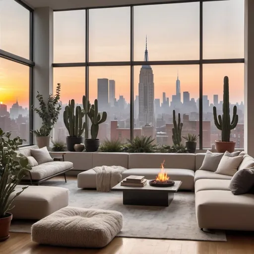 Prompt: interior living room shot of a new york city modern contemporary designed penthouse apartment with large window large amount of plants, cacti, a fire place, on a fall sunset, with books everywhere and floor seating and modern tech tastefully integrated, designed for a sophisticated bachelor in his late 30s clas