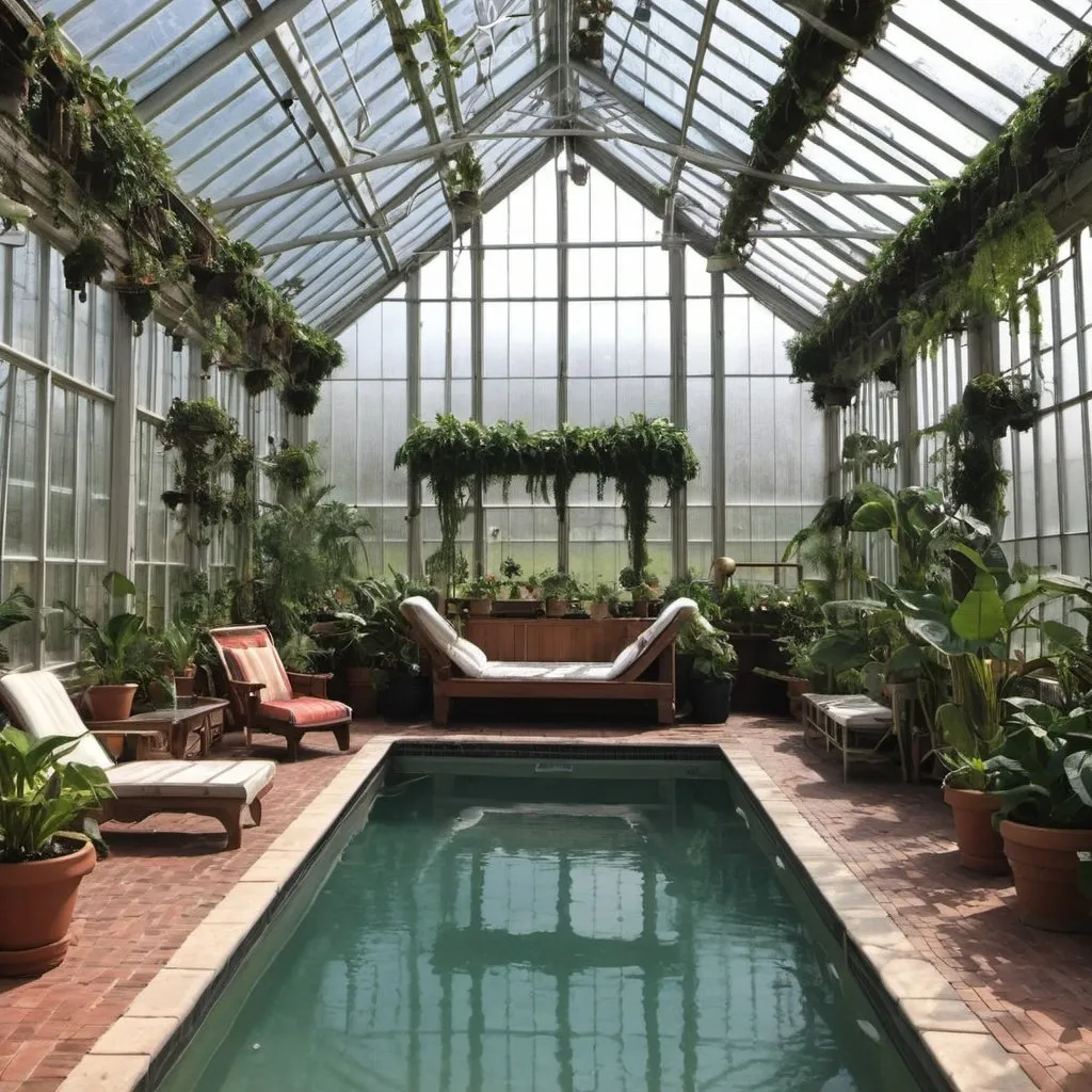 Prompt: indoor pool in giant greenhouse with hundreds of plants, hammocks, jacuzzi, Sauna, cold plunge, shower, steamroom
