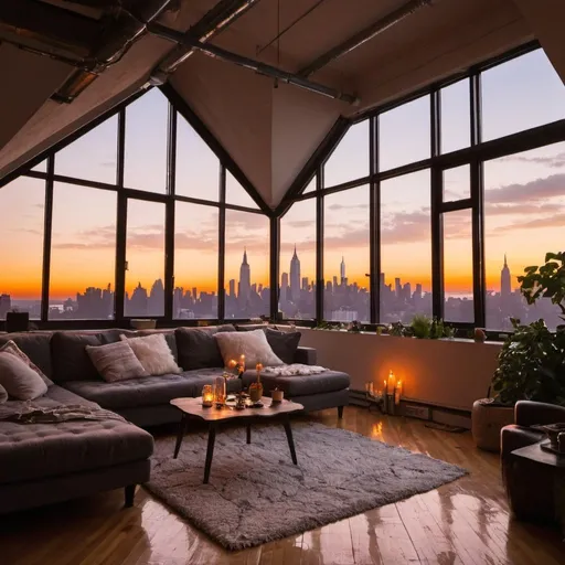 Prompt: very Cozy loft space in new york at sunset