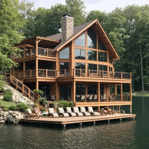 Prompt: 
lake house with a wrap around deck 