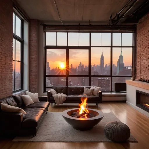 Prompt: very Cozy modern  loft space with a fireplace in new york at sunset