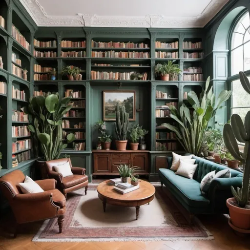 Prompt: the most beautiful and modern personal library with many different plants and cacti and comfortable turn of the century seating, add a tv 

