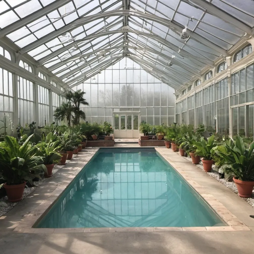 Prompt: modern indoor olympic size pool in giant greenhouse with hundreds of plants, hammocks, jacuzzi, Sauna, cold plunge, shower, steamroom
