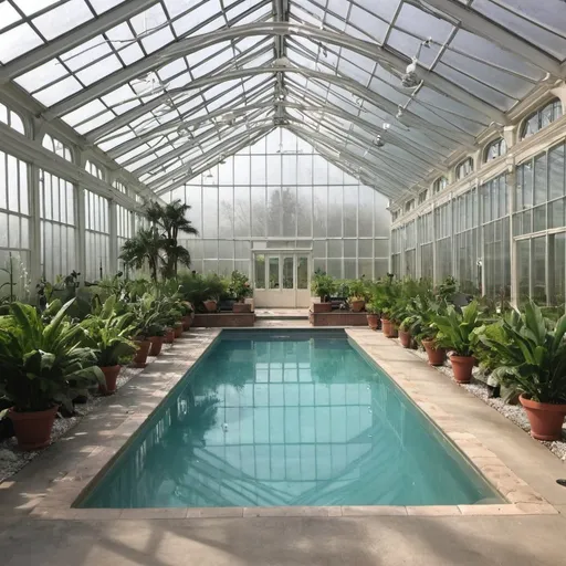 Prompt: modern indoor olympic size pool in giant greenhouse with hundreds of plants, hammocks, jacuzzi, Sauna, cold plunge, shower, steamroom
