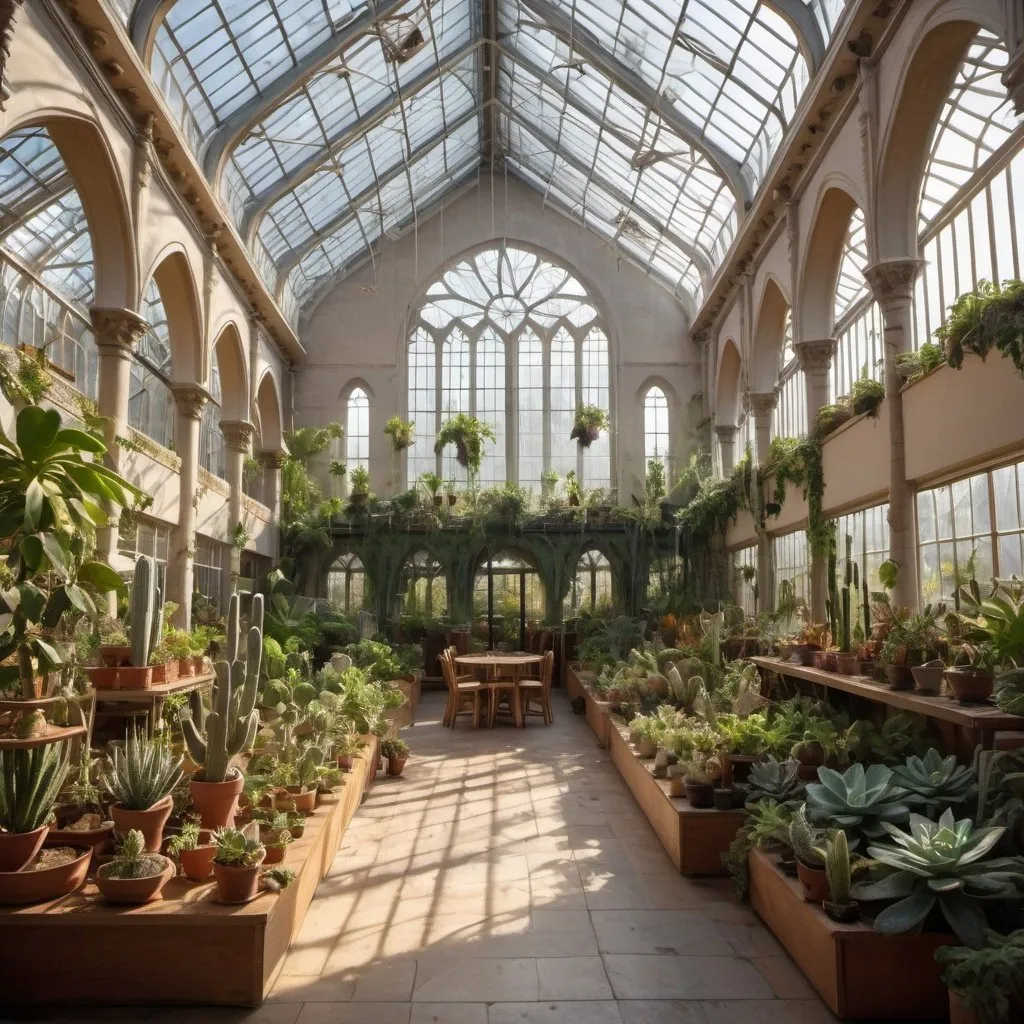 Prompt: interior of a large cathedral converted into a greenhouse,  filled with many leafy plants, some cacti, large hanging plants at sunset, large windows, vines and a large skylight and a cafe in the middle