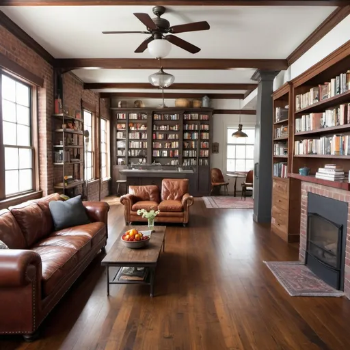 Prompt: interior top floor of firehouse converted to living room kitchen space with a library floor to ceiling shelves, tv space, dining room, wide plank wooden floors, stainless steel countertops in kitchen, big comfy couches and leather vintage chair, metal lamp, floating fire place, very cozy feeling large space 


