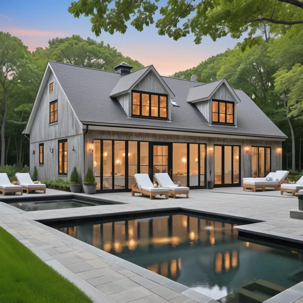 Prompt: Hamptons architectural style barn with full modern spa built inside


