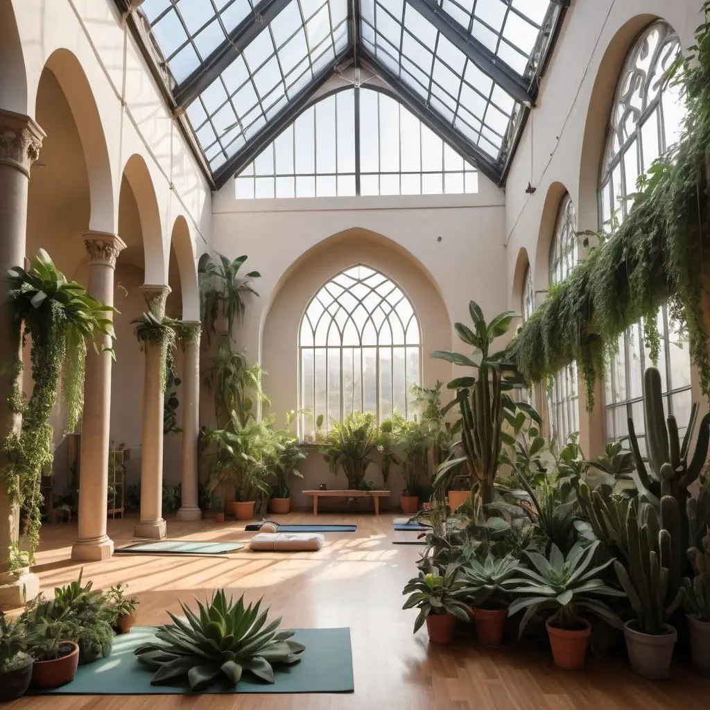 Prompt: interior of a large cathedral converted into a yoga studio, and  filled with many leafy plants, some cacti, large hanging plants at sunset, large windows, vines and a large skylight