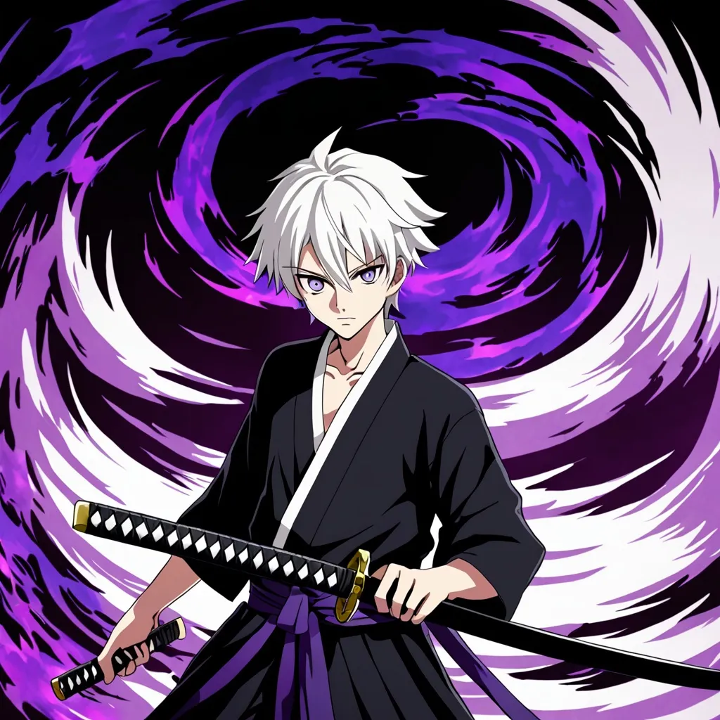 Prompt: teenage anime boy with white hair, grey eyes, black katana with purple aura
