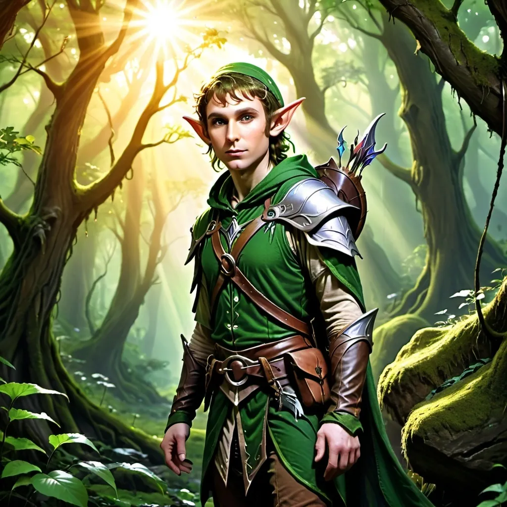 Prompt: Elf ranger in a mystical forest around sunlight