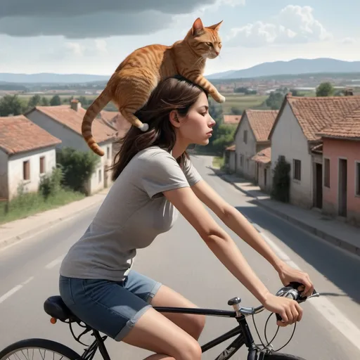 Prompt: sideview of a very attrictive female human riding a bicycle. A cat is sleeping on top of the head of the human. Scenery is countryside with a cityscape in the far background.
+realism
+photorealism