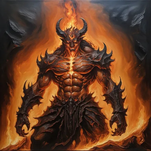 Prompt: Demon overseeing torched damned souls, oil painting, fiery inferno, high contrast, dark and menacing, detailed features, intense and menacing gaze, hellish atmosphere, smoldering flames, high quality, oil painting, dark tones, menacing, detailed, hellish atmosphere, intense gaze, fiery inferno, hellish lighting